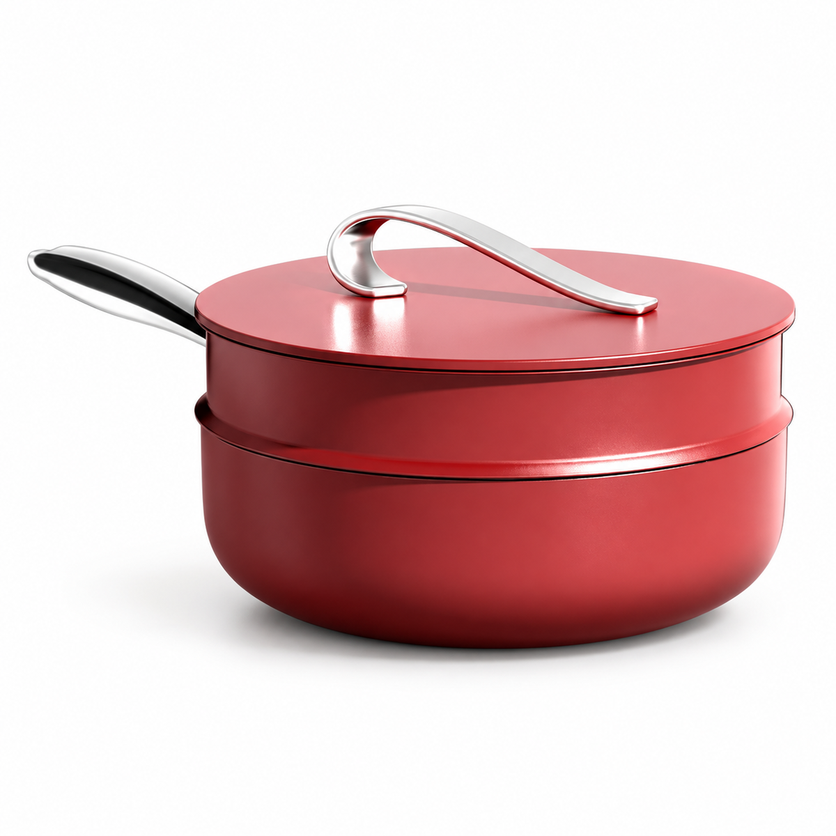Red wok with steamer insert and lid on white background