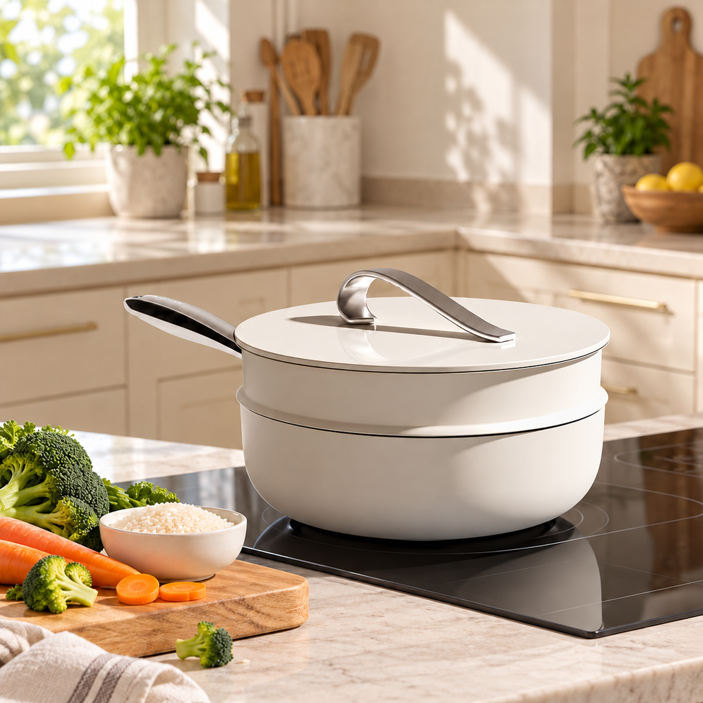 White wok and steamer on kitchen hob beside meal preparation ingredients