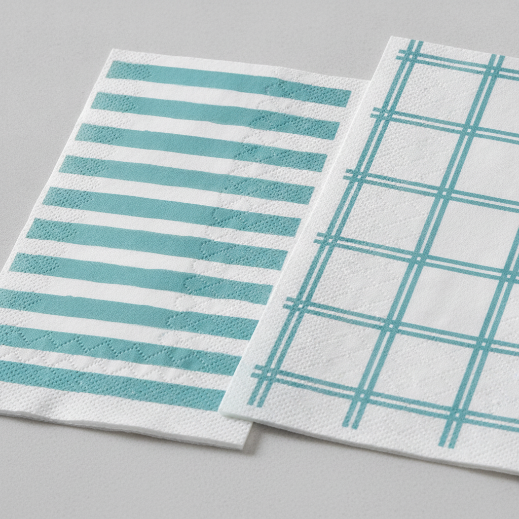 Close-up of soft 2-ply paper guest towels showing teal stripe and plaid embossed texture