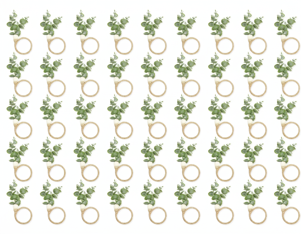 Eucalyptus wood-bead jute napkin rings, set on white background