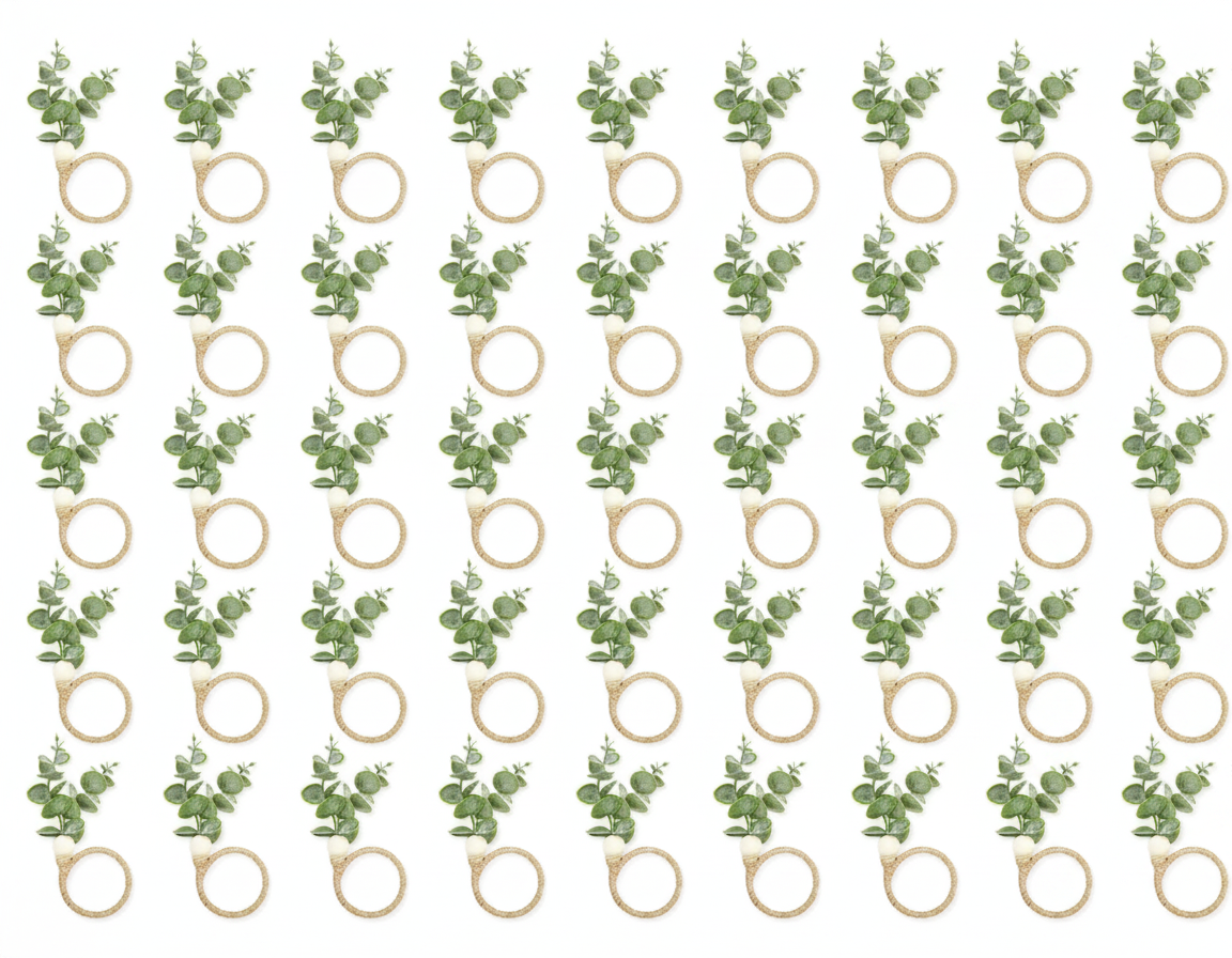 Eucalyptus wood-bead jute napkin rings, set on white background