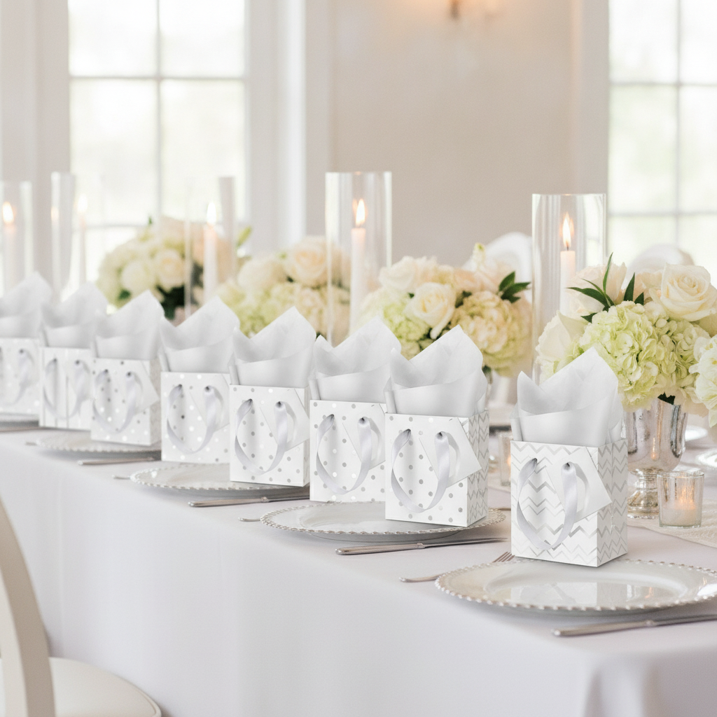 Row of white-silver foil mini gift bags as favors on a reception table