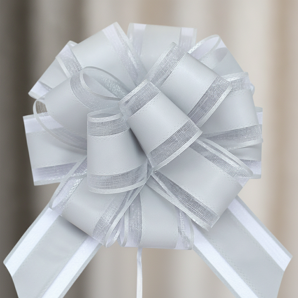 Macro close-up of large silver snow-yarn pull bow loops