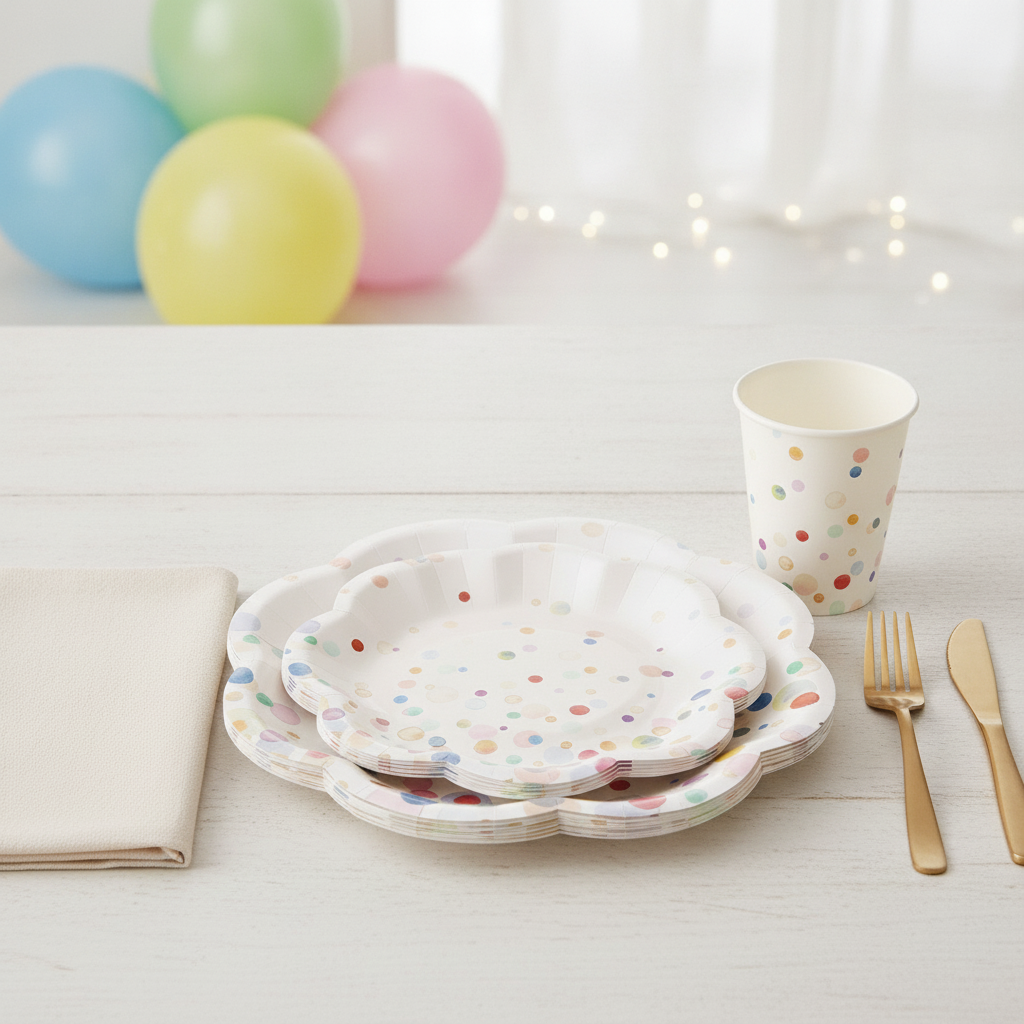 Confetti polka-dot paper place setting with cup and napkin at a birthday party
