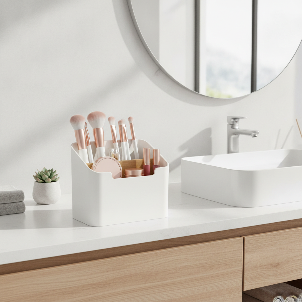 Desk organizer used on a bathroom vanity to hold makeup brushes and cosmetics