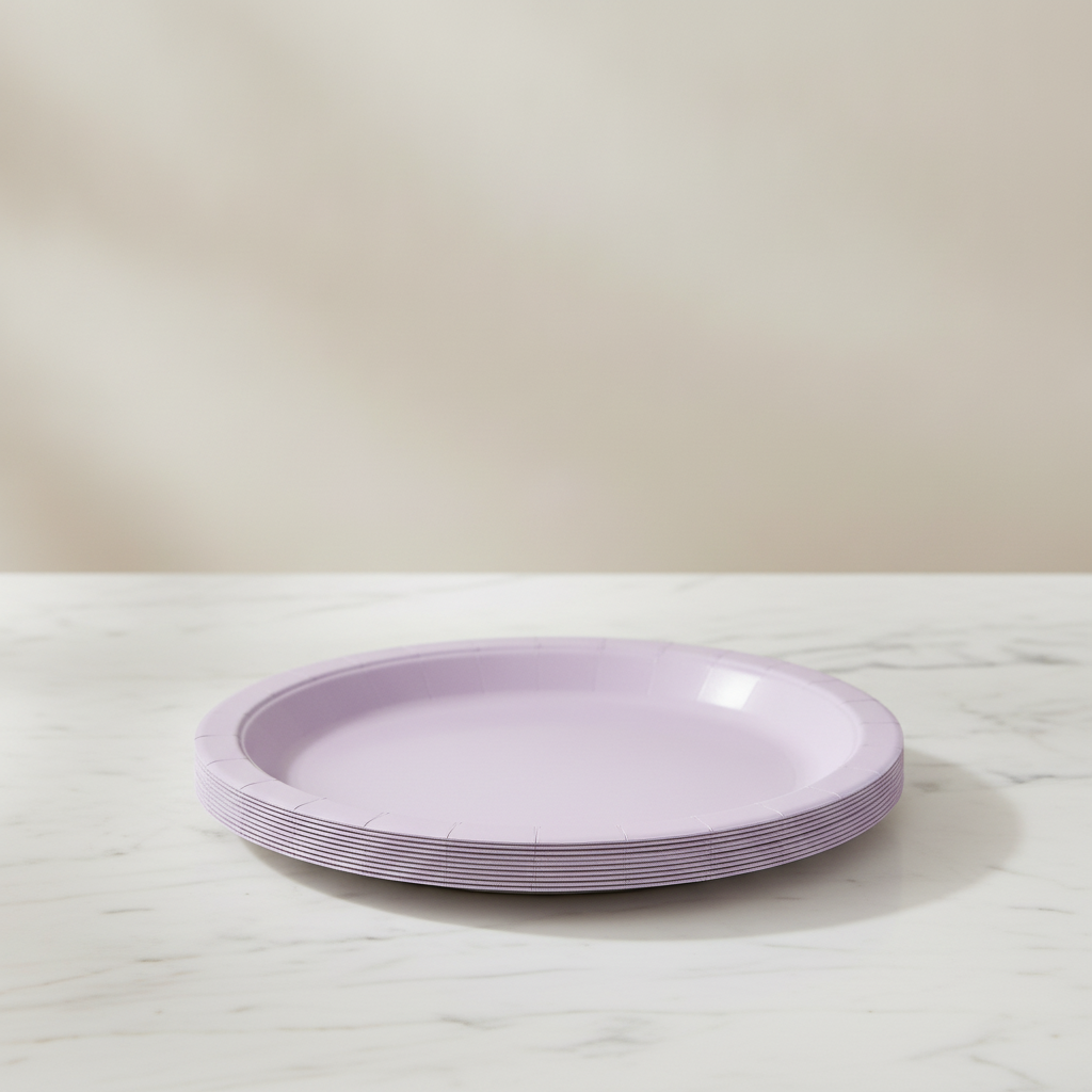 Stack of lavender disposable paper plates on white marble