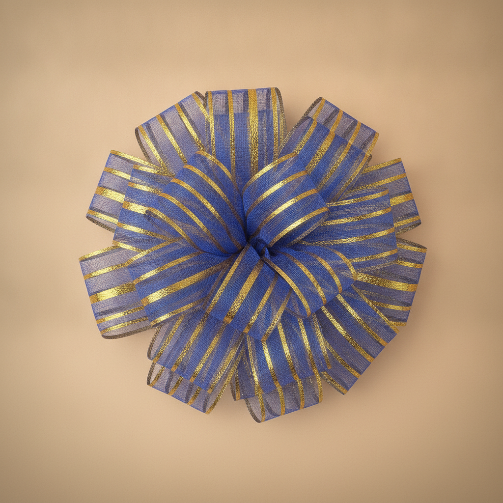 Top-down macro of a blue and gold organza pull bow