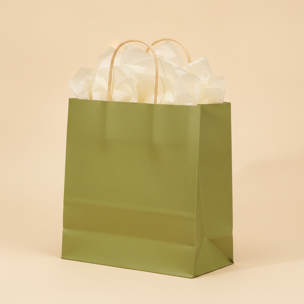 Single open sage green kraft gift bag with twisted handles and tissue