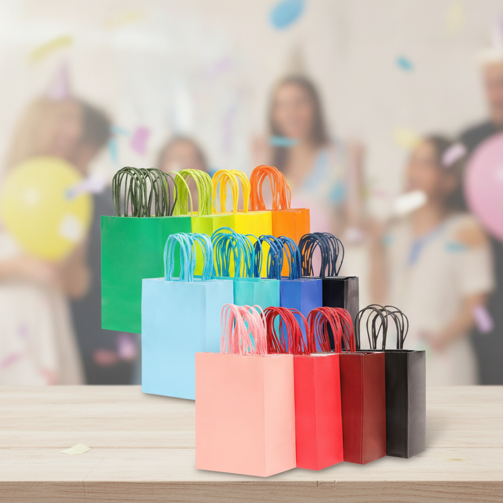 Cluster of colorful kraft gift bags with twisted handles on a party table