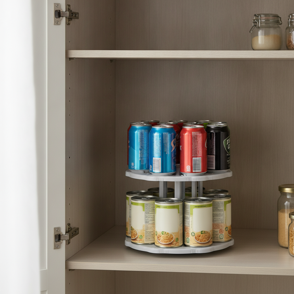 Rotating can carousel loaded with soda and food cans inside a pantry cabinet