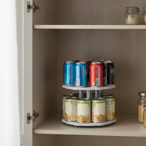 Rotating can carousel loaded with soda and food cans inside a pantry cabinet