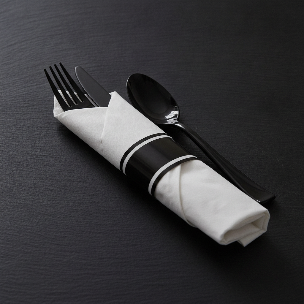 Close-up of matte black plastic fork knife and spoon in a white napkin with black band