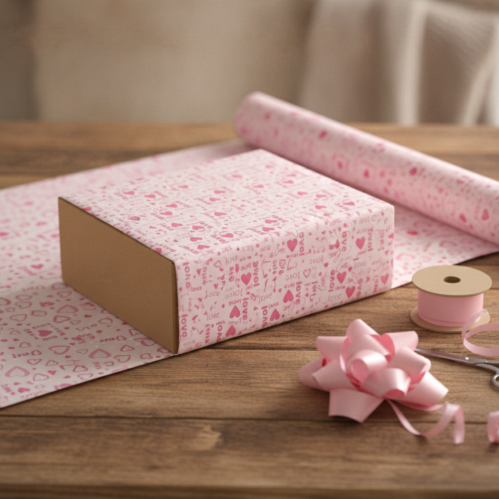 Wrapping a present in pink heart wrapping paper with ribbon, bow and scissors