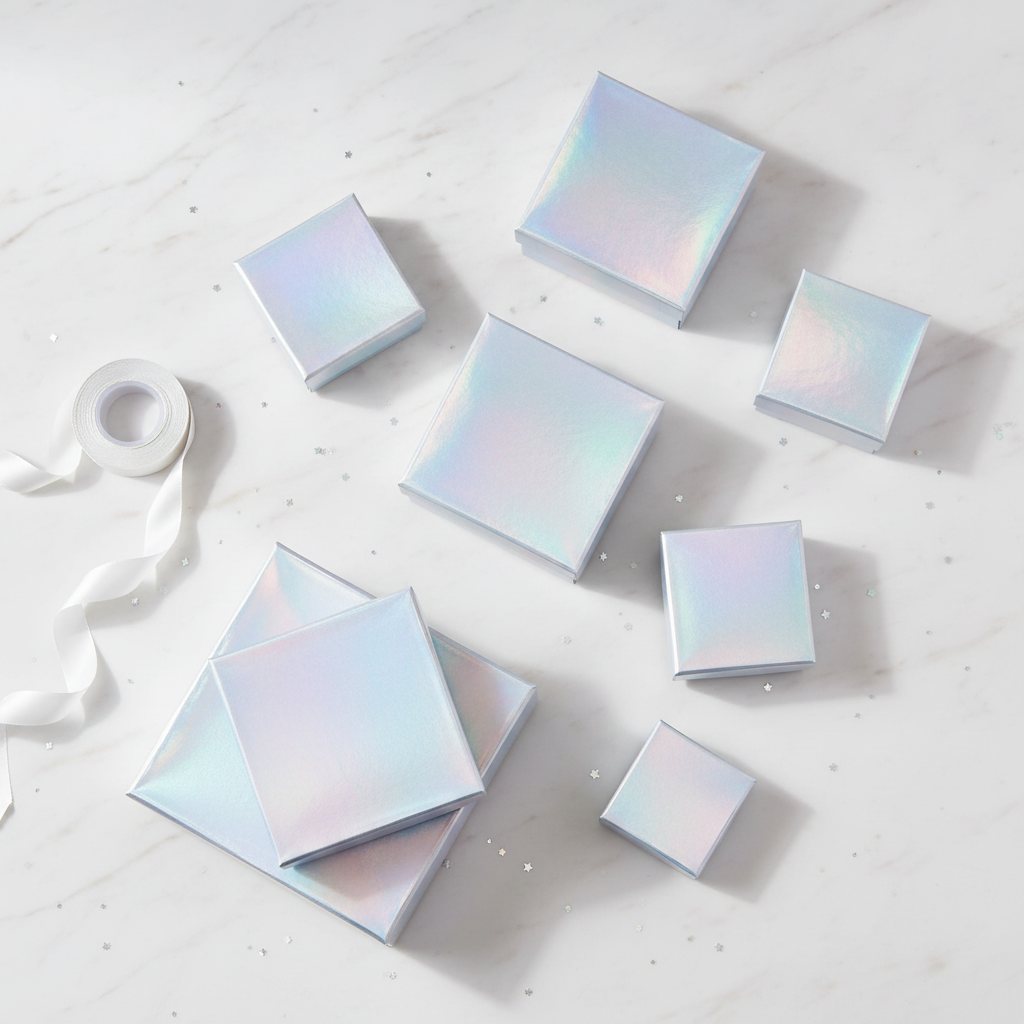 Set of 5 holographic silver nesting gift boxes in graduated sizes with ribbon roll
