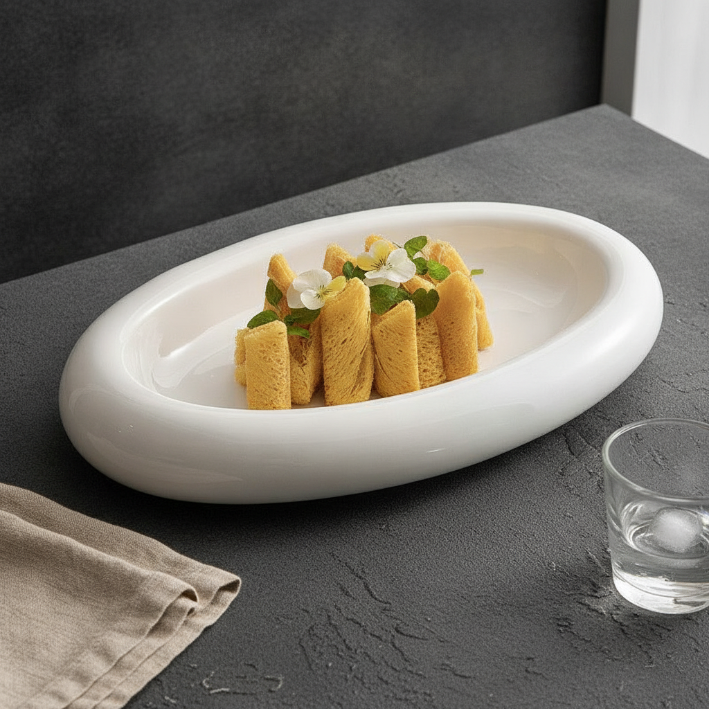 Nuvola platter with a plated dessert and flowers in a fine-dining setting on slate