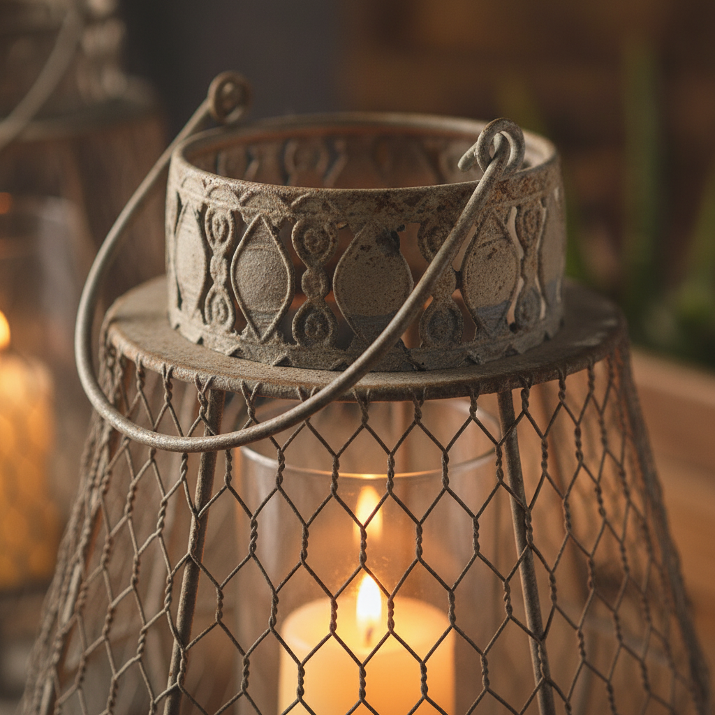 Macro close-up of the hand-embossed metal collar and woven wire mesh of the artisan lantern
