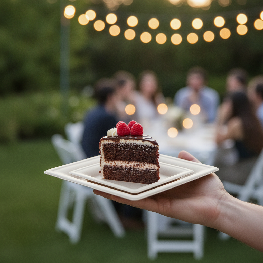 Hand holding a square sugarcane bagasse plate with cake at a garden party