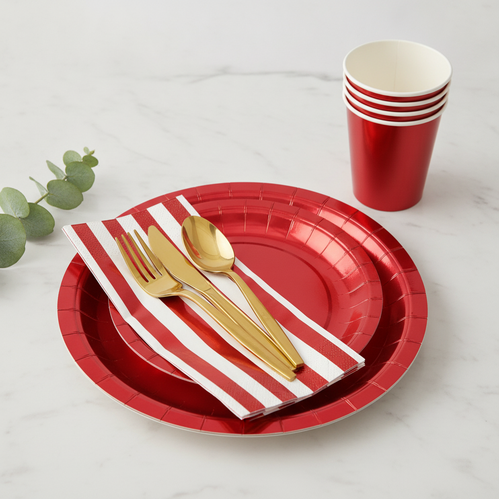 Metallic red paper plate place setting with gold cutlery and striped napkin on marble