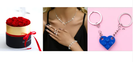Gift collage: red preserved rose box beside a necklace and ring on a model and a blue heart keychain pair