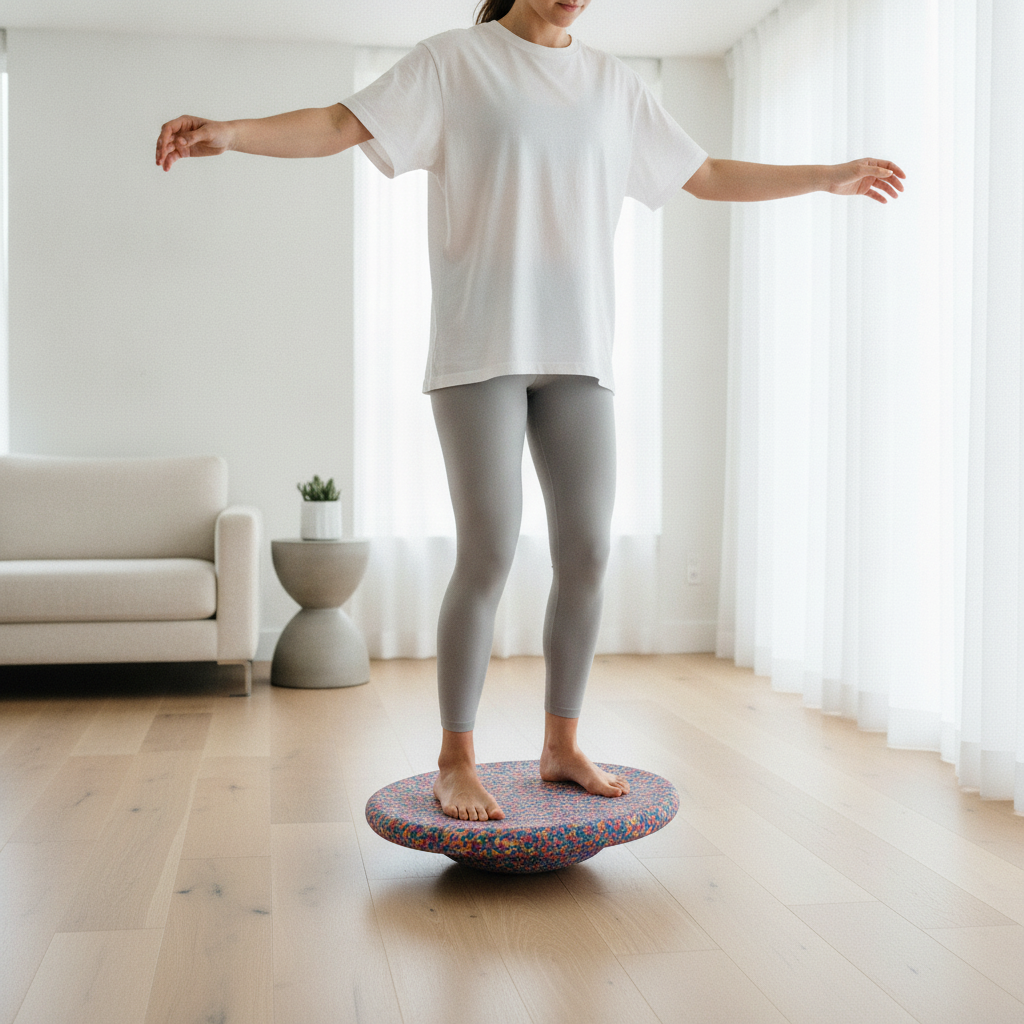 Person balancing barefoot on the speckled wobble balance board in a modern home