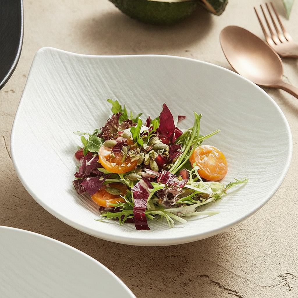 Petalo porcelain bowl holding a plated gourmet salad with copper cutlery