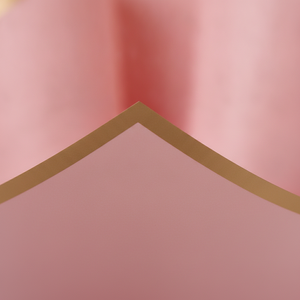 Macro detail of the thin glossy gold-tone border edge on pink translucent floral wrapping paper