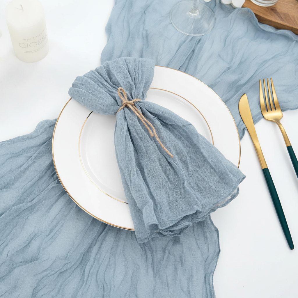 Dusty blue cheesecloth napkin tied with twine on a gold-rimmed plate