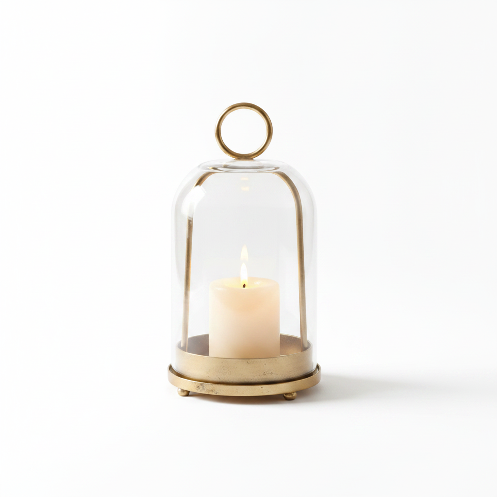 Campana glass cloche candle dome with antique gold-bronze base and ring handle, candle glowing inside