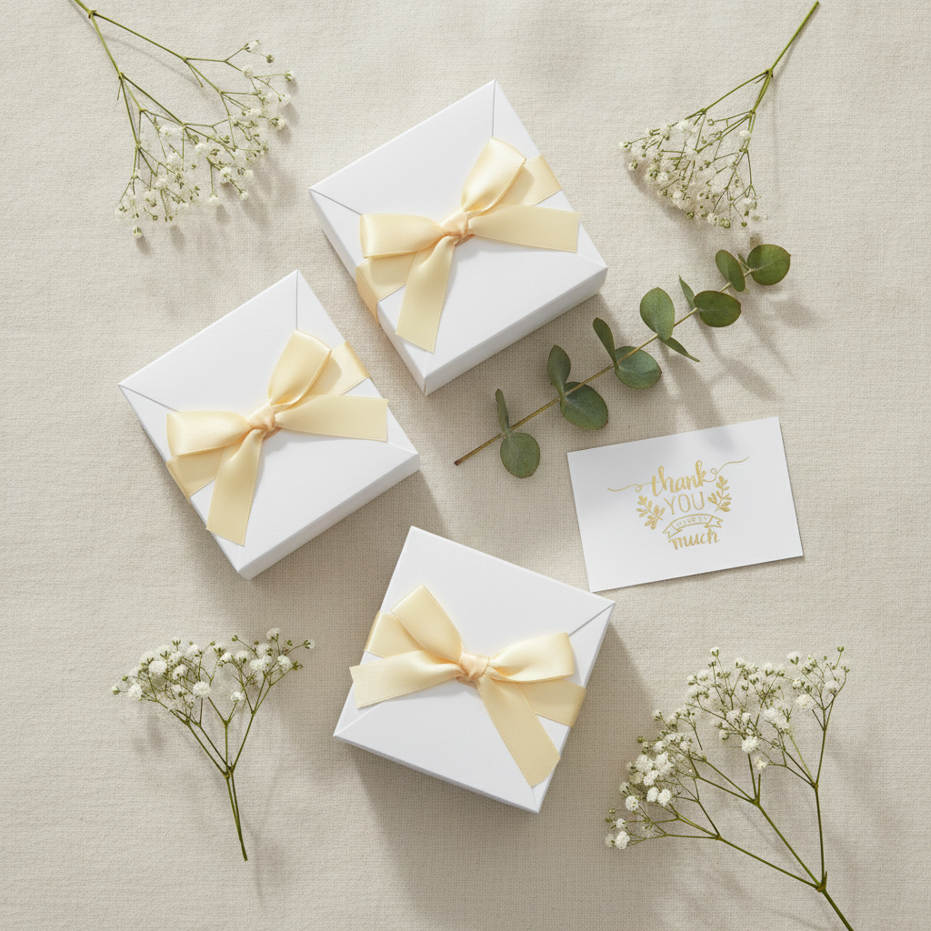 Three white bridesmaid proposal gift boxes with pale yellow satin bows in an overhead flat-lay with baby's breath florals