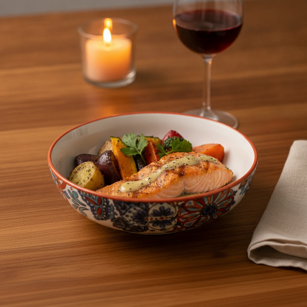 Butterfly floral underglaze ceramic plate with plated dinner and wine