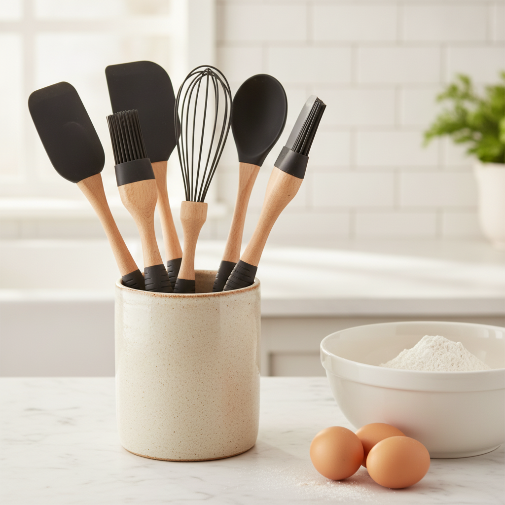 Black silicone and beechwood baking utensils in a crock with mixing bowl and eggs