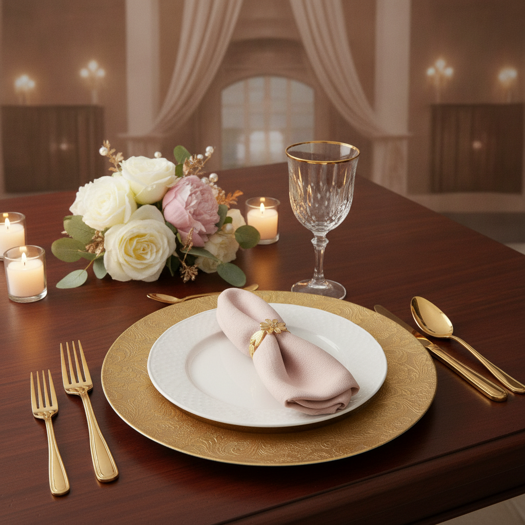 Wedding place setting built on a gold floral charger plate with white roses