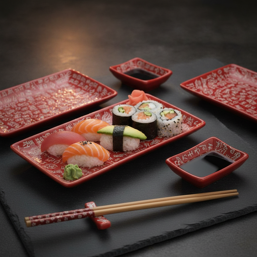 Red ceramic sushi tray plated with nigiri and maki, soy dish and bamboo chopsticks on a rest