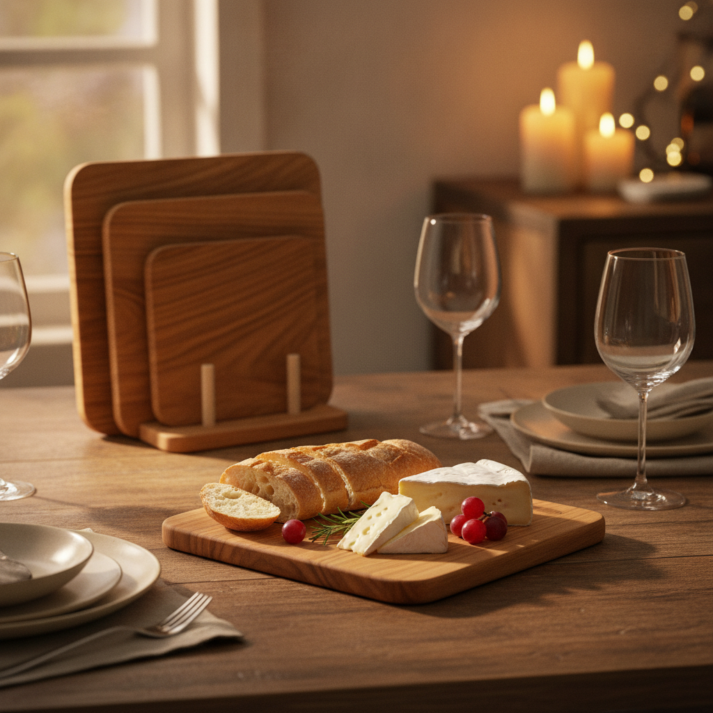 Small Biblioteca acacia board serving baguette and brie on a dining table
