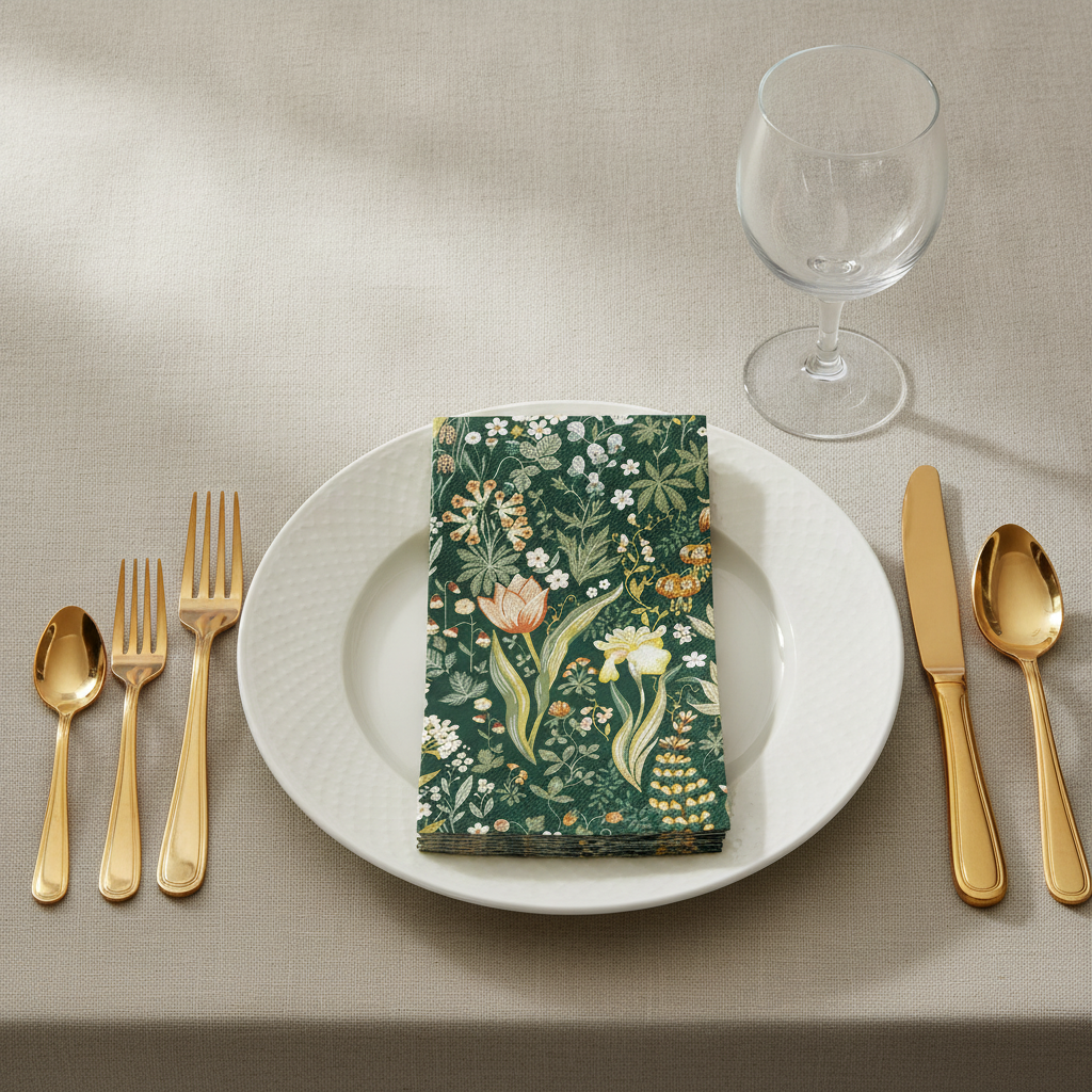Vintage green floral paper guest napkin folded on a white plate place setting with gold cutlery