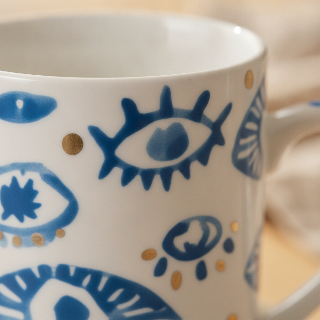 Macro detail of the bold blue hand-painted eye motif on glossy white porcelain