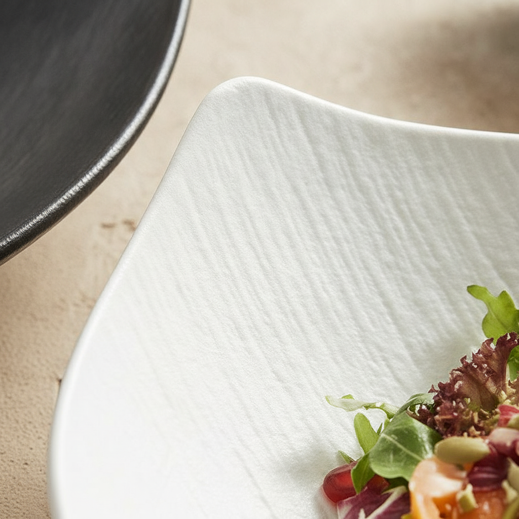 Macro of the fine stone-grain texture and matte frosted glaze on the Petalo porcelain bowl