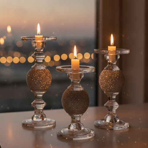 Glass candle holders with lit candles on a vanity at dusk, glass refracting light and rhinestones sparkling