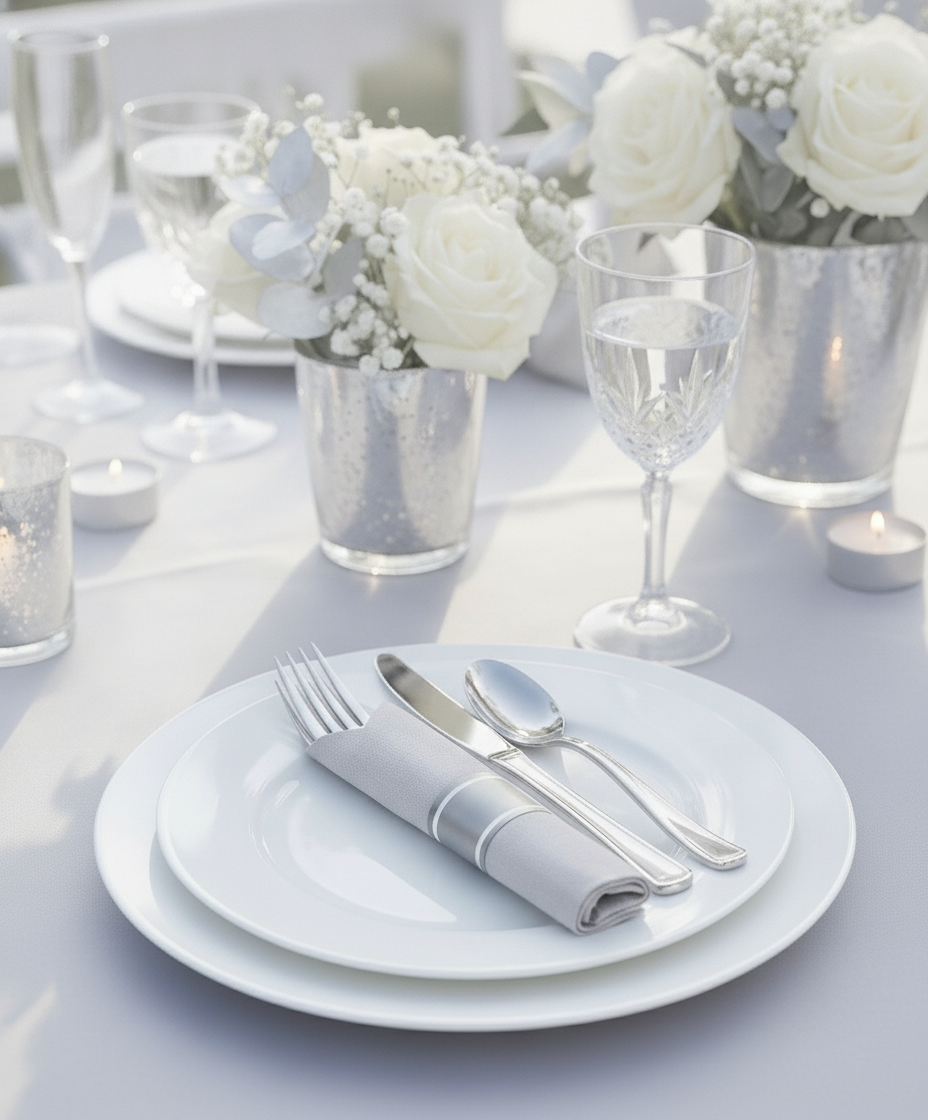 Elegant wedding reception place setting with a white-napkin silver cutlery roll and silver accents