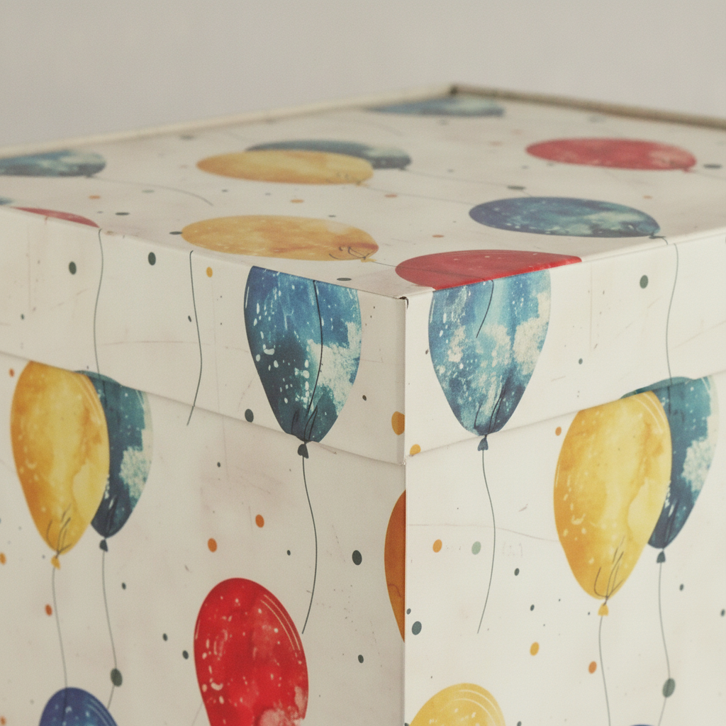 Corner detail of the balloon-print gift box lid fitting over the base
