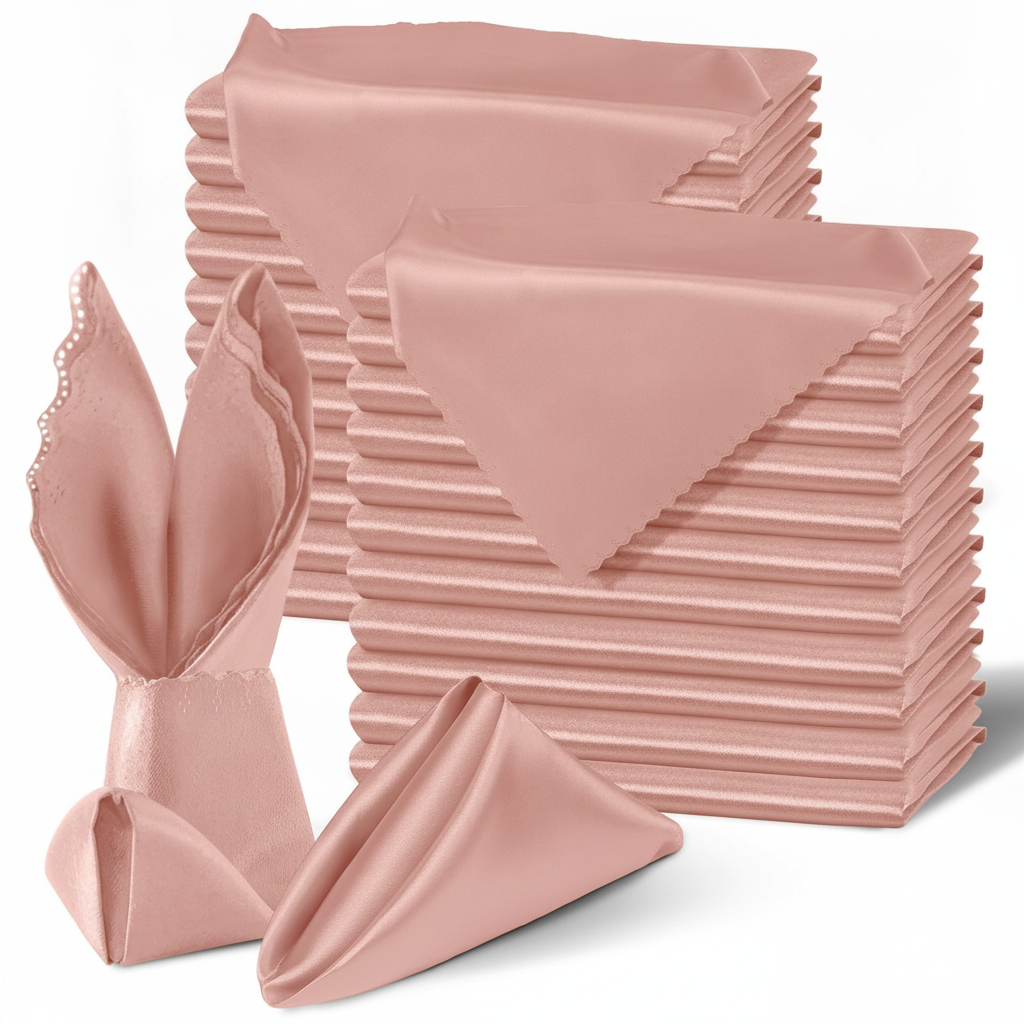 Rose gold scalloped satin napkins 100 pack folded stack on white background