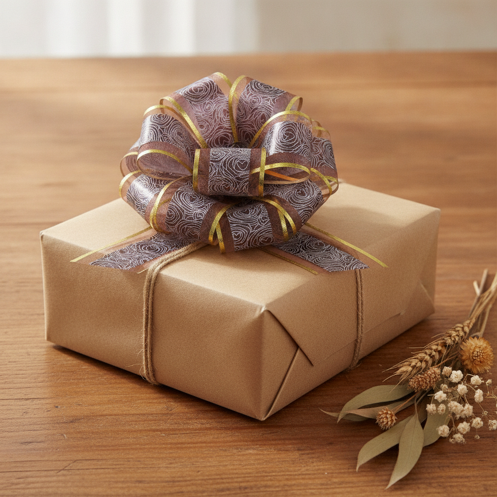 Brown rose-pattern organza pull bow on kraft gift box with foliage