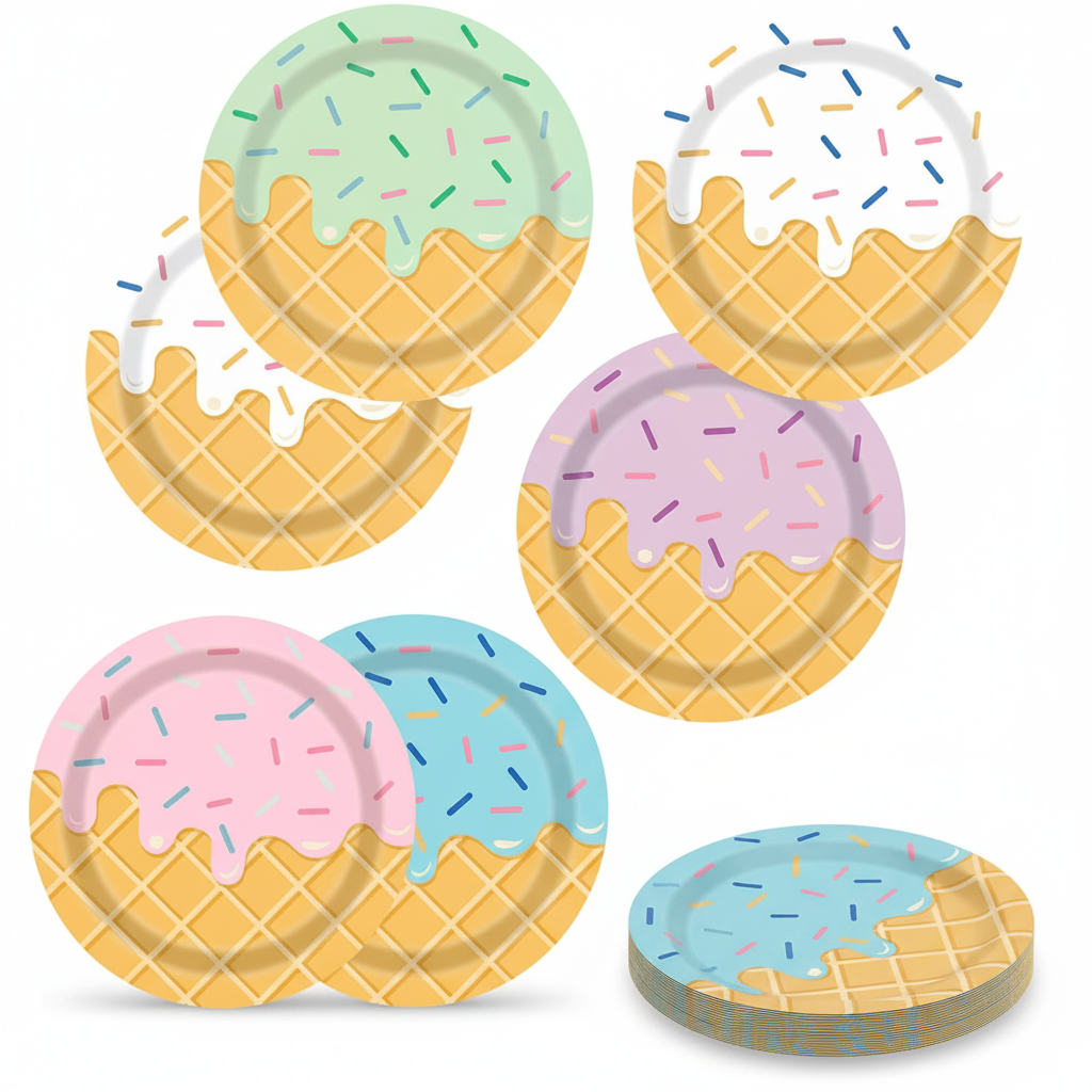 Fan of pastel ice-cream-cone printed paper party plates on white