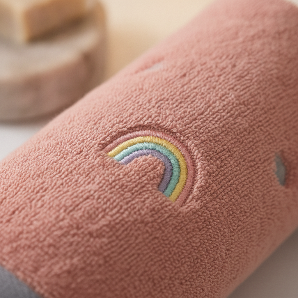 Macro close-up of the embroidered rainbow accent on a plush dusty-pink cotton hand towel