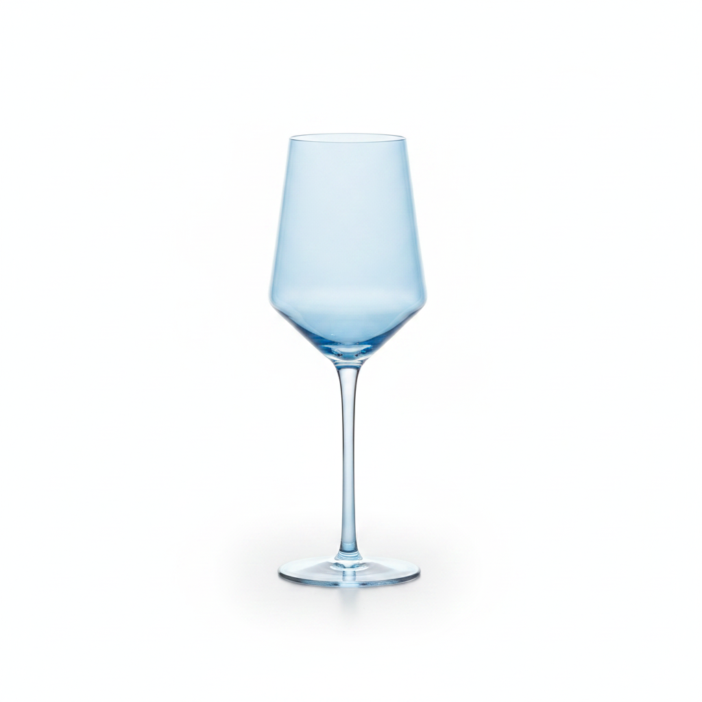 Prisma blue coloured crystal wine goblet on white background