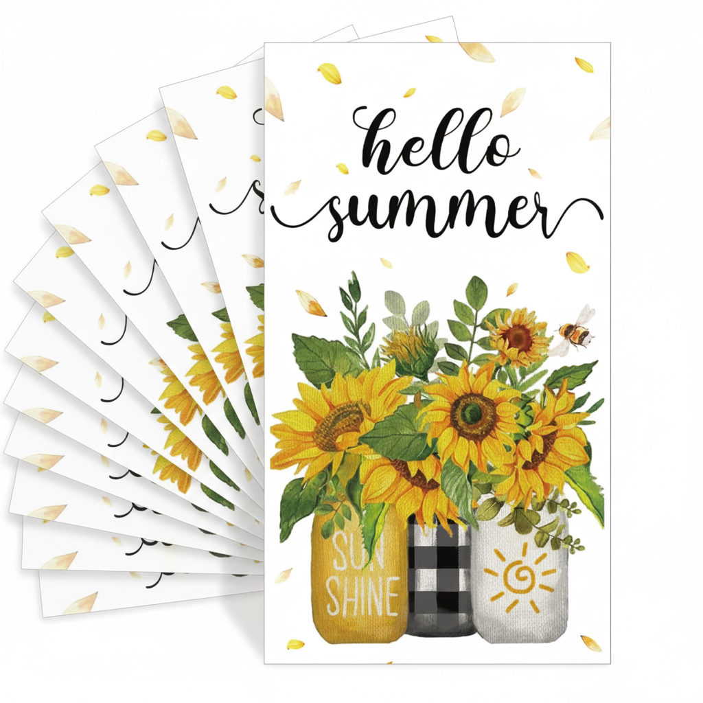 Close-up of soft sunflower guest napkins fanned showing the full-bleed print