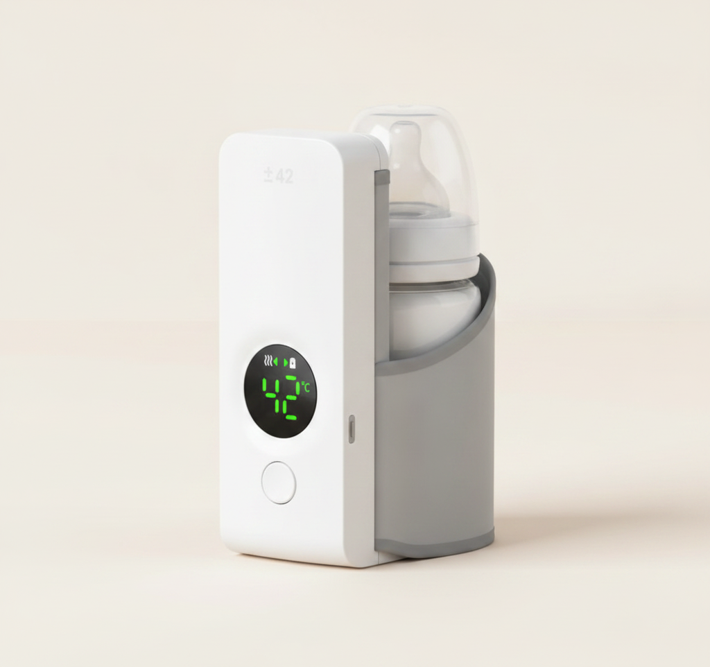 Portable wireless baby bottle warmer wrapped around a baby bottle on a clean studio backdrop