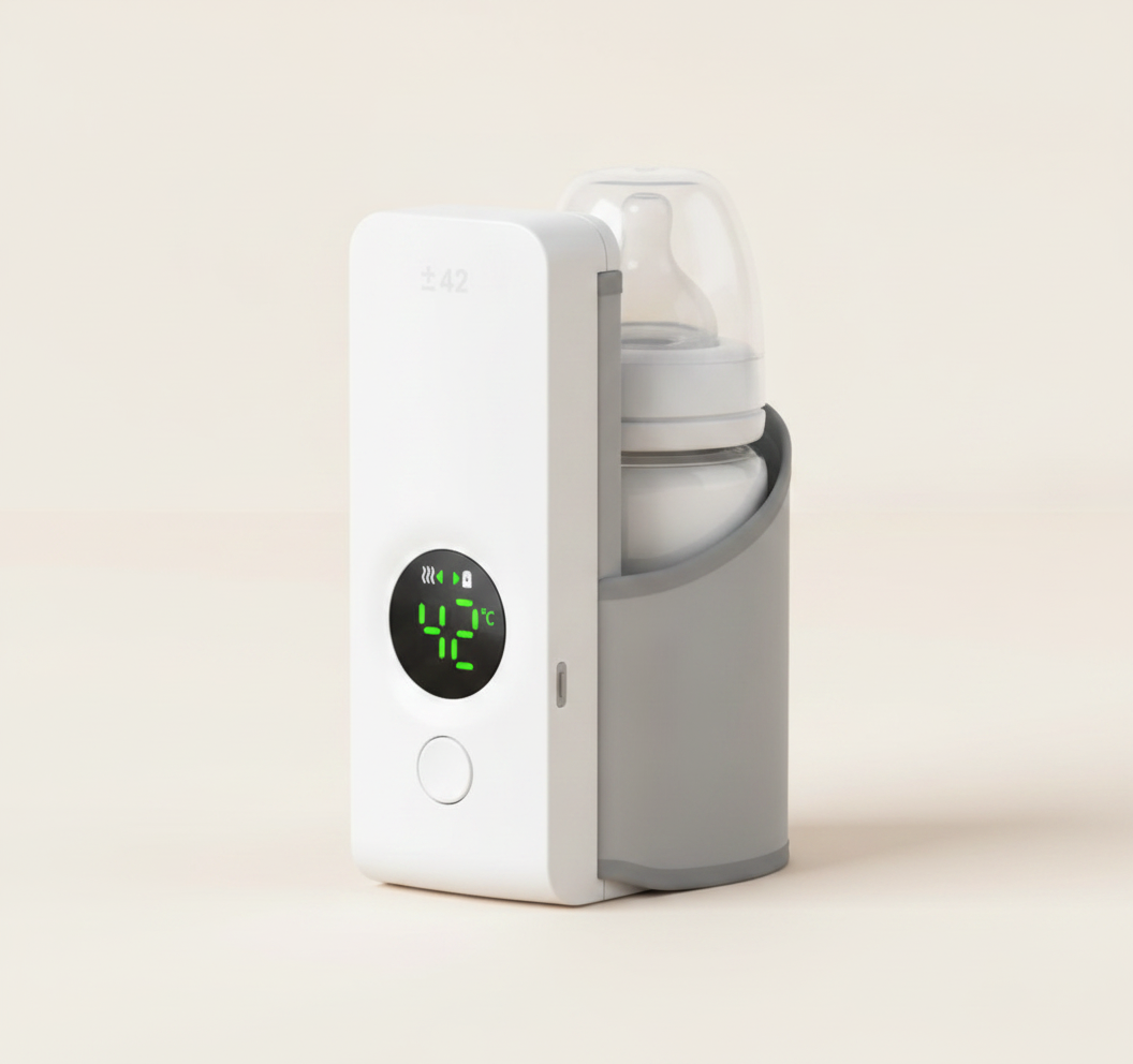 Portable wireless baby bottle warmer wrapped around a baby bottle on a clean studio backdrop