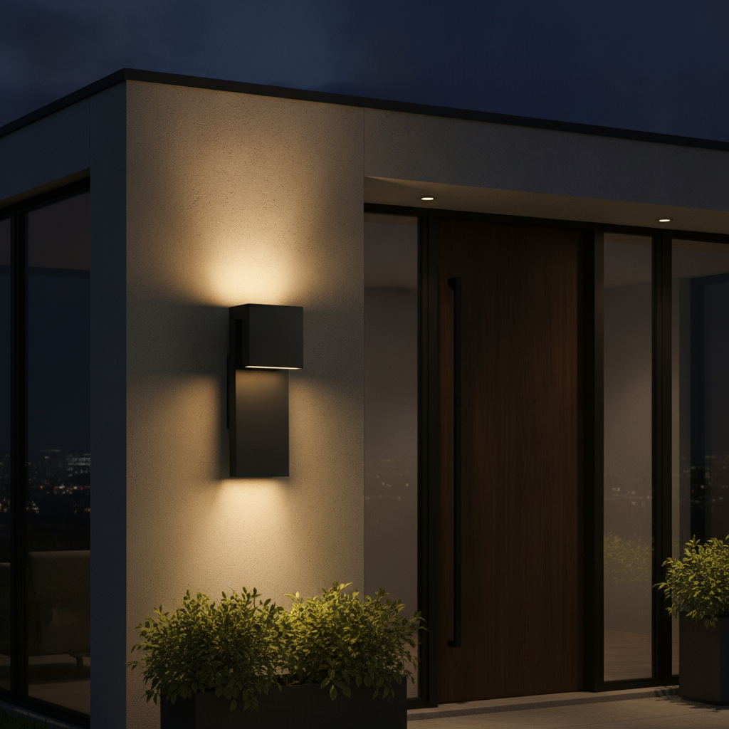 Outdoor wall light casting a warm down-wash beside a modern house entrance at night