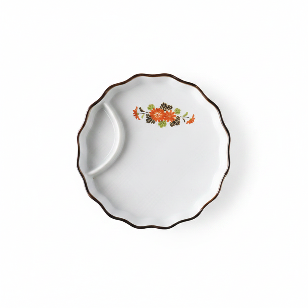 Hand-painted ceramic dip and snack plate with built-in soy sauce well on white